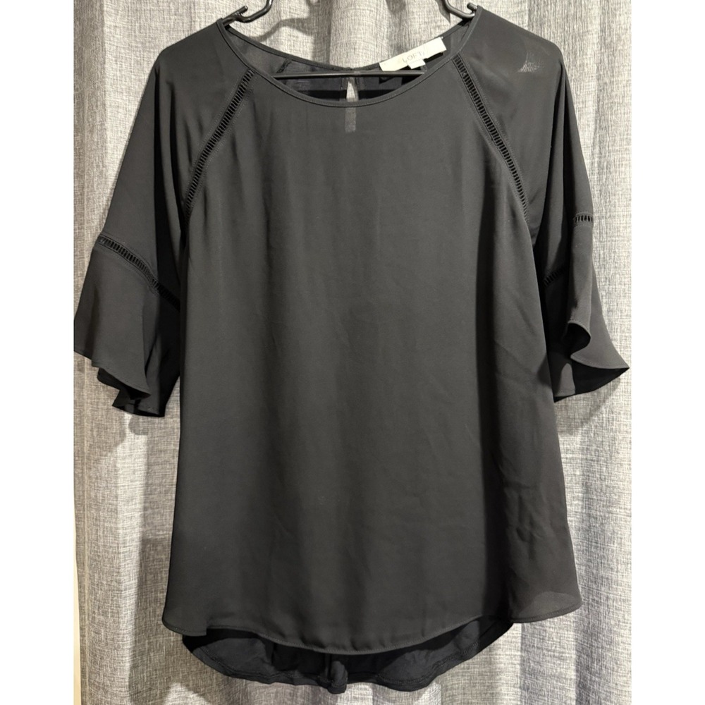 LOFT Flutter Sleeve Black Blouse Cut Outs Key Hole Button Back‎ Womans Size M